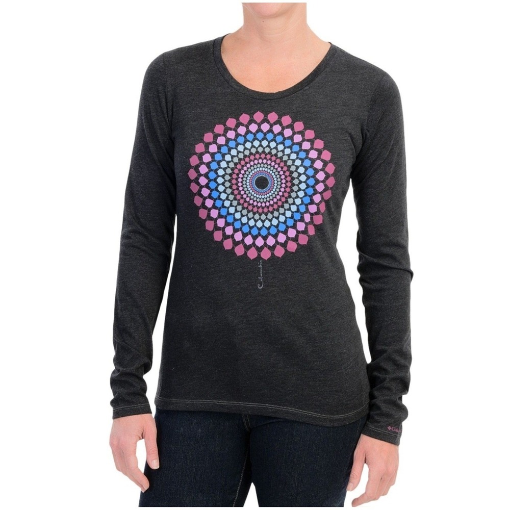 Columbia Womens Long Sleeve Tee Shirt Crew Neck Sz XL Gray Infinity Graphic
